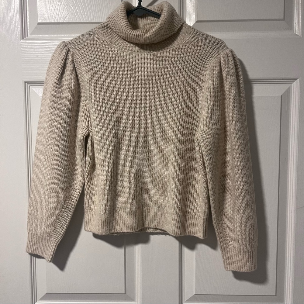 J. Crew Beige Turtleneck Cropped Puffed Sleeve Sweater